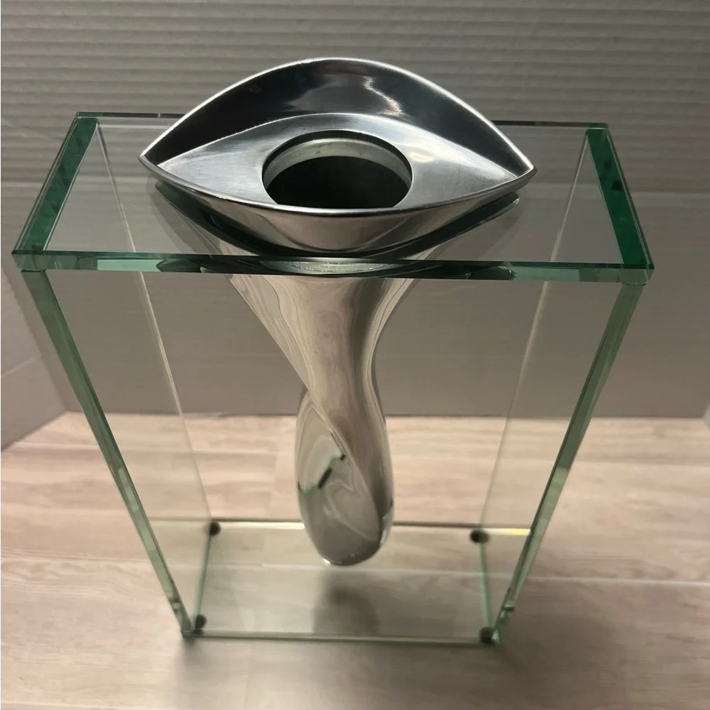 EUC~Vintage Lisa Mori Polished Cast Aluminum and Box Glass Twisted Tornado Vase.